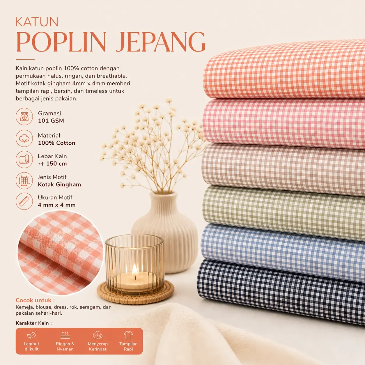 Katun Poplin Jepang Kotak Gingham Premium (4mm x 4mm)
