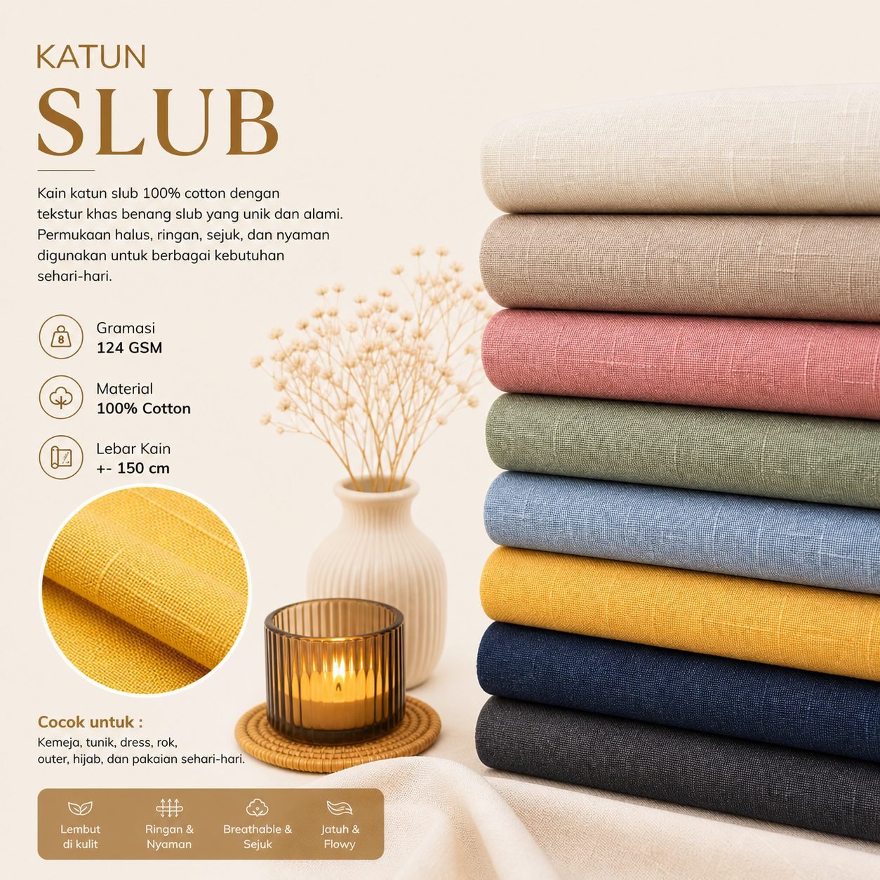 Katun Slub Premium Tekstur Natural 124 GSM