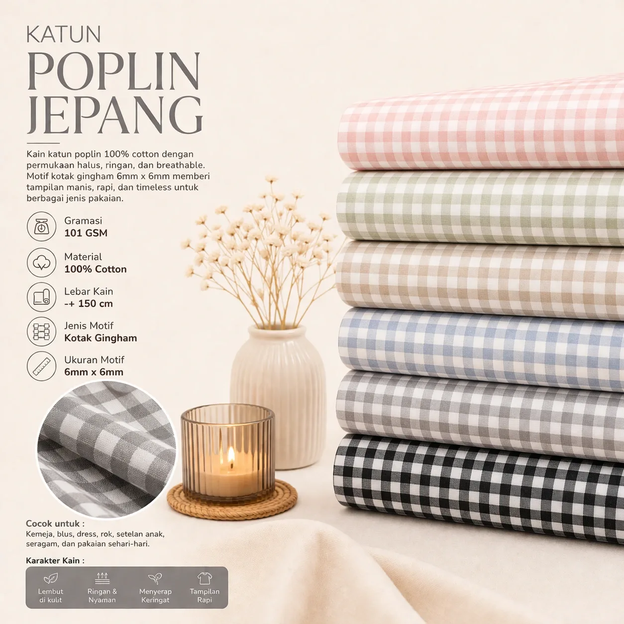 Katun Poplin Jepang Kotak Gingham Premium (6mm x 6mm)